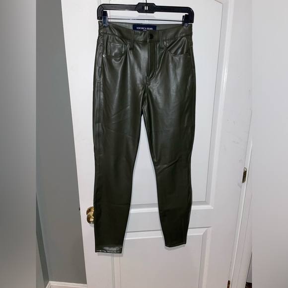 New! Veronica Beard Debbie Skinny Faux Leather Jeans in Loden Olive Green 🌿sz 26 - Picture 11 of 16